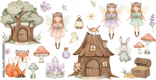 Whimsical fantasy illustrations of fairy tale characters and woodland creatures with houses and trees