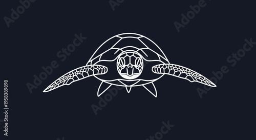 Minimalist white sea turtle outline gracefully gliding on a dark navy blue background