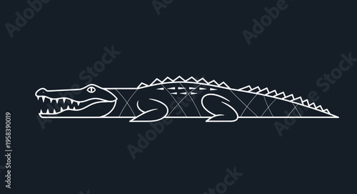 Stylized white line art alligator with geometric accents on a dark background
