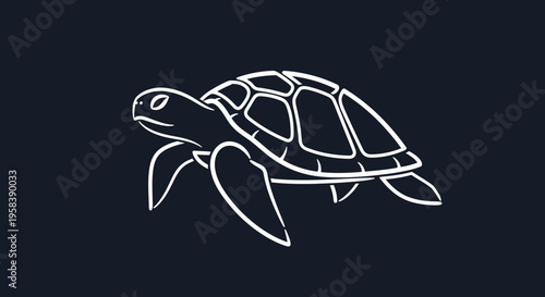 Stylized White Line Art Sea Turtle Illustration on Dark Background
