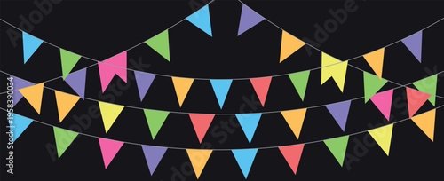 Colorful watercolor carnival garland with flag. Decorative colorful party pennants for birthday celebration, festival decor. Colorful bunting flags.