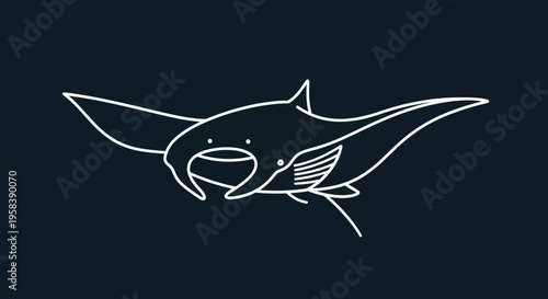 Whimsical minimalist white outline drawing of a manta ray on a dark blue background
