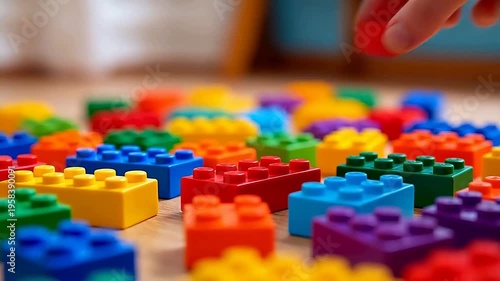 Colorful plastic building blocks scattered on floor