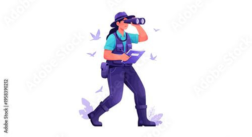 Woman Ornithologist Observing Birds with Binoculars and Notebook.