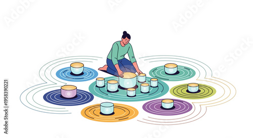 Woman organizing jars on circular platforms representing data.