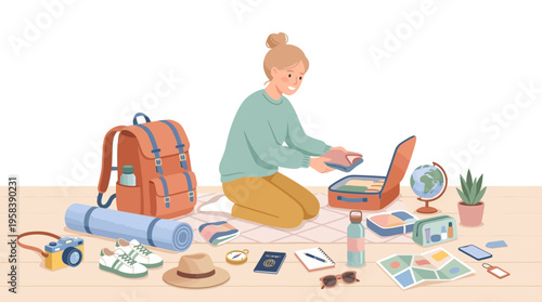 Woman packing suitcase for travel adventure.