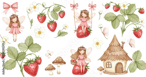Whimsical illustration of fairies and strawberries with a tiny house