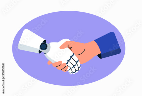 Human and artificial intelligence handshake, AI collaboration and partnership concept. Vector flat style cartoon illustration