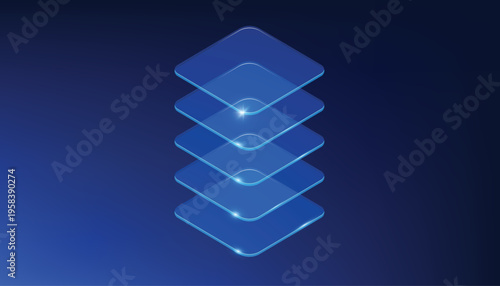 Isometric stack of glowing blue transparent glass layers technology background