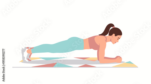 Woman performing a plank exercise on a colorful mat.