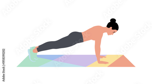 Woman performing a plank exercise on a colorful mat.