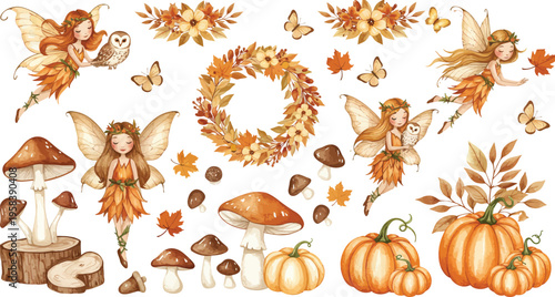 Autumn fairy tale scene with fairies leaves pumpkins and mushrooms
