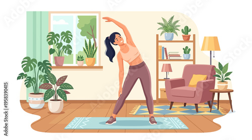 Woman performing side bend exercise at home.