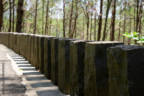 Foto A row of stone pillars casts angled shadows along a quiet forest path