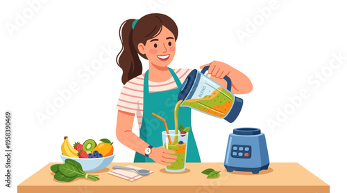 Woman Pouring Fresh Green Smoothie From Blender Into Glass.