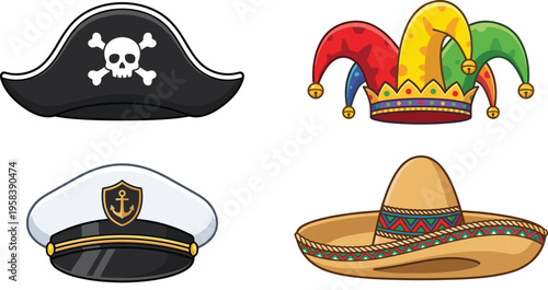 Cartoon Pirate, Jester, Captain, and Sombrero Hats Set in a Fun Colorful Style for Kids Illustration