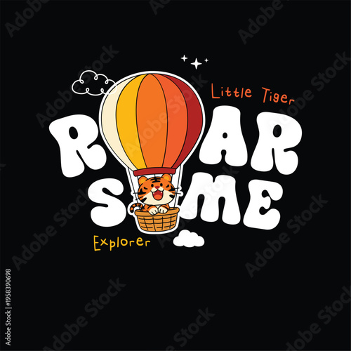 Cute Cartoon Tiger Explorer in Hot Air Balloon