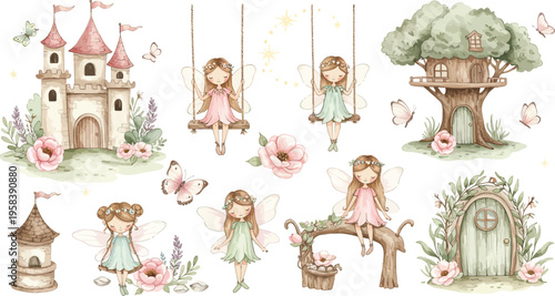 Whimsical fantasy architecture and garden elements with fairies and treehouse