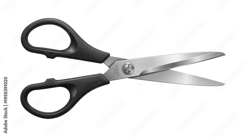 Fototapeta premium A pair of sharp, silver scissors with black handles, presented on a pure white background
