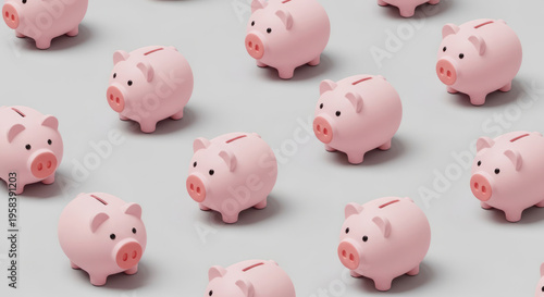 Multiple pink piggy banks arranged on a light gray surface.