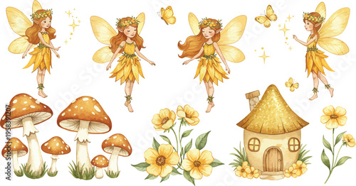 Whimsical illustration of fairies flowers mushrooms and tiny house in a fantasy setting with a dreamy atmosphere