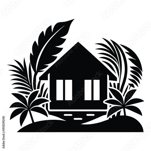 Black silhouette of a tropical hut with palm trees