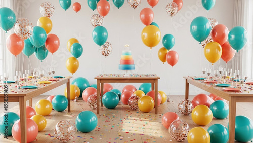 Vibrant Birthday Party Scene with Balloons and Table Settings.