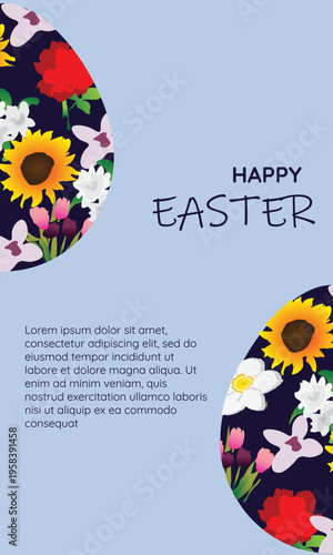 Minimal Easter Background with Floral Egg Composition on Baby Blue Canvas. A minimal Easter background design featuring partial floral egg compositions placed on a soft baby blue canvas.