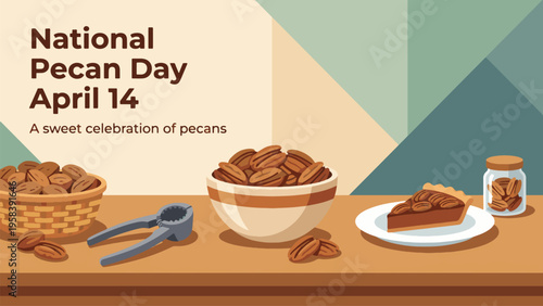 National Pecan Day April 14 Modern Geometric Background with Pecan Pie Nuts and Kitchen Tools Clean Flat Illustration for Sweet Dessert Celebration Campaign