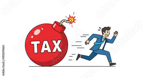 A businessman frantically runs away from a large red bomb labeled TAX on a white background.