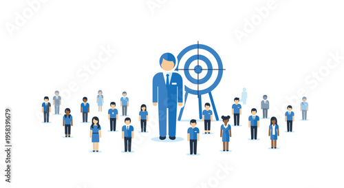 A business leader stands before a target surrounded by a diverse group of people on a white background.
