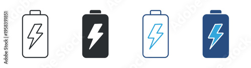 Battery power icon set. Energy storage, charging and electricity concept with battery and lightning symbol. Vector illustration.