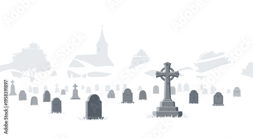 A graveyard with many gravestones and a large Celtic cross in the foreground features a church silhouette in a misty background.