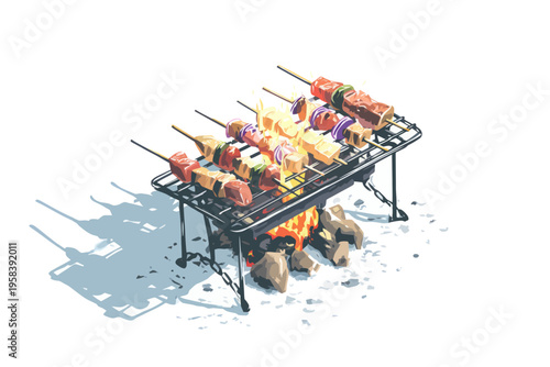 Grilled skewers on outdoor fire pit with vegetables and meat