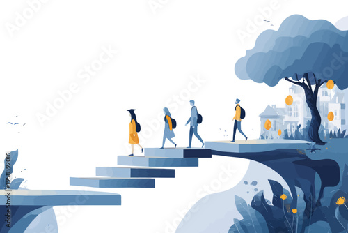 Silhouettes of diverse students climbing staircase toward tree of knowledge