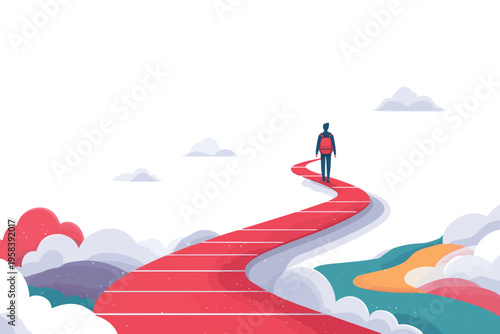 Person walking on red path above clouds in surreal landscape