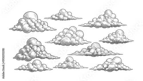Collection of hand drawn cumulus clouds in vintage engraving style texture