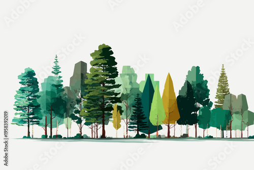 Diverse forest of vibrant trees set against a white background