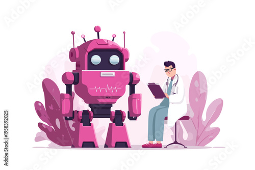 Male caucasian adult engineer analyzing pink robot design in futuristic lab setting
