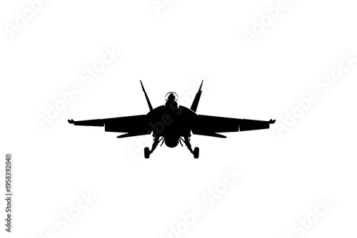 Silhouette of military fighter jet in flight against white background