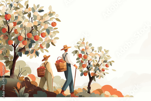Caucasian adult farmers harvesting apples in scenic orchard landscape