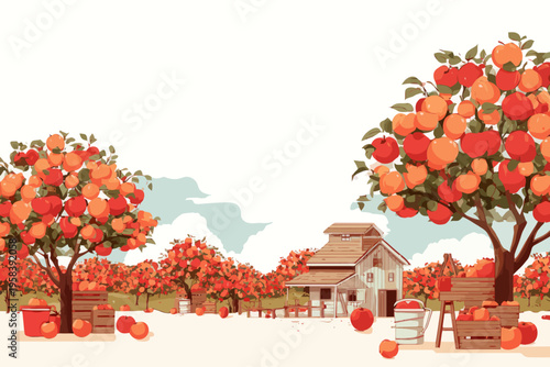 Rustic apple orchard with barn and abundant fruit trees under clear sky