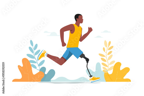 African male athlete running with prosthetic leg in nature setting