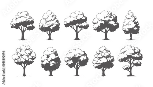 Collection of ten hand drawn dark grey trees with textured foliage nature
