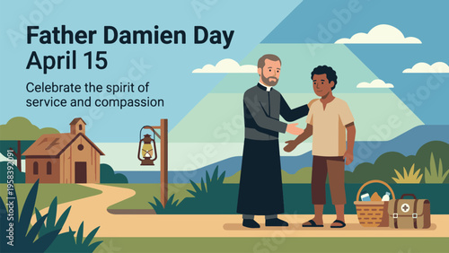 Father Damien Day April 15 Service and Compassion Illustration with Missionary Priest Helping Local Community Rural Church Landscape Flat Vector for Humanitarian Awareness