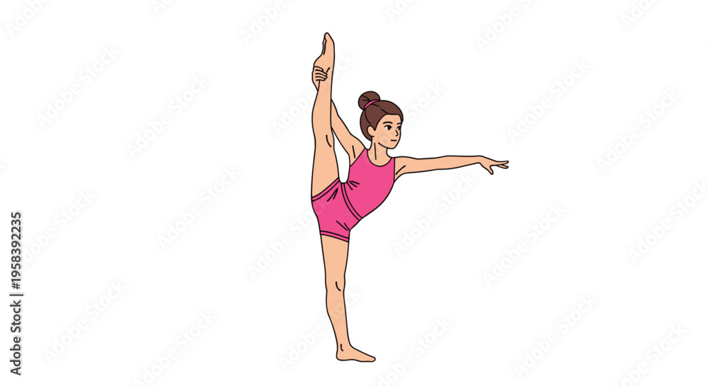 Obraz premium A young girl in a pink leotard is performing a vertical split with one arm extended on a white background.