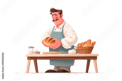 Caucasian male baker preparing fresh bread in kitchen illustration