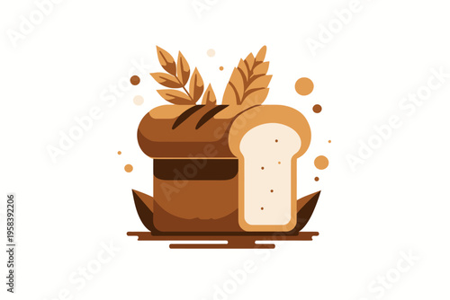 Artistic brown bread illustration with sliced piece and wheat elements