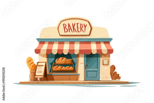 Charming cartoon bakery exterior with bread display and striped awning