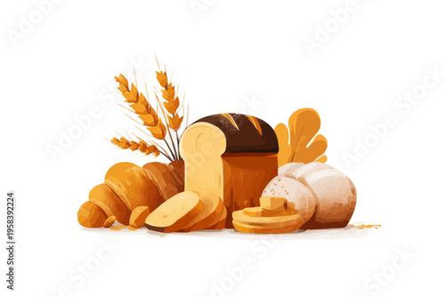 Variety of freshly baked bread with wheat and leaves on white background